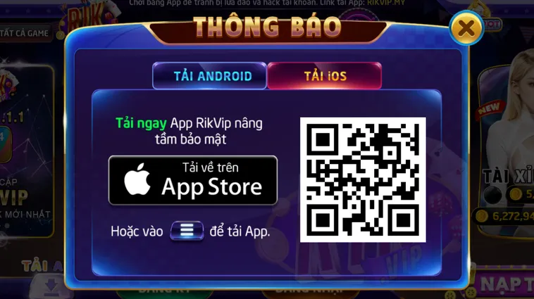 Quét mã tải ngay ứng dụng Rikvip về điện thoại hệ điều hành IOS.